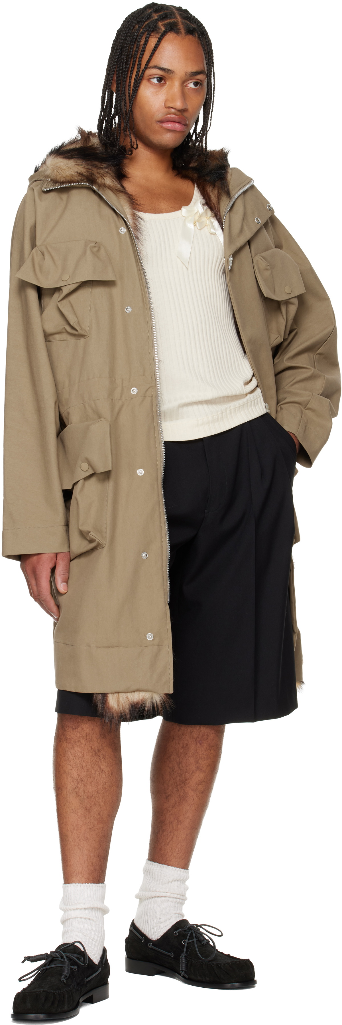 Simone Rocha Khaki Multi Pocket Faux Fur Lined Parka Coat