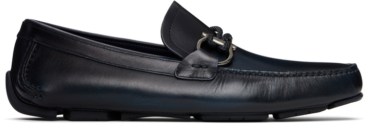 Photo: Ferragamo Navy Gancini Ornament Driver Loafers