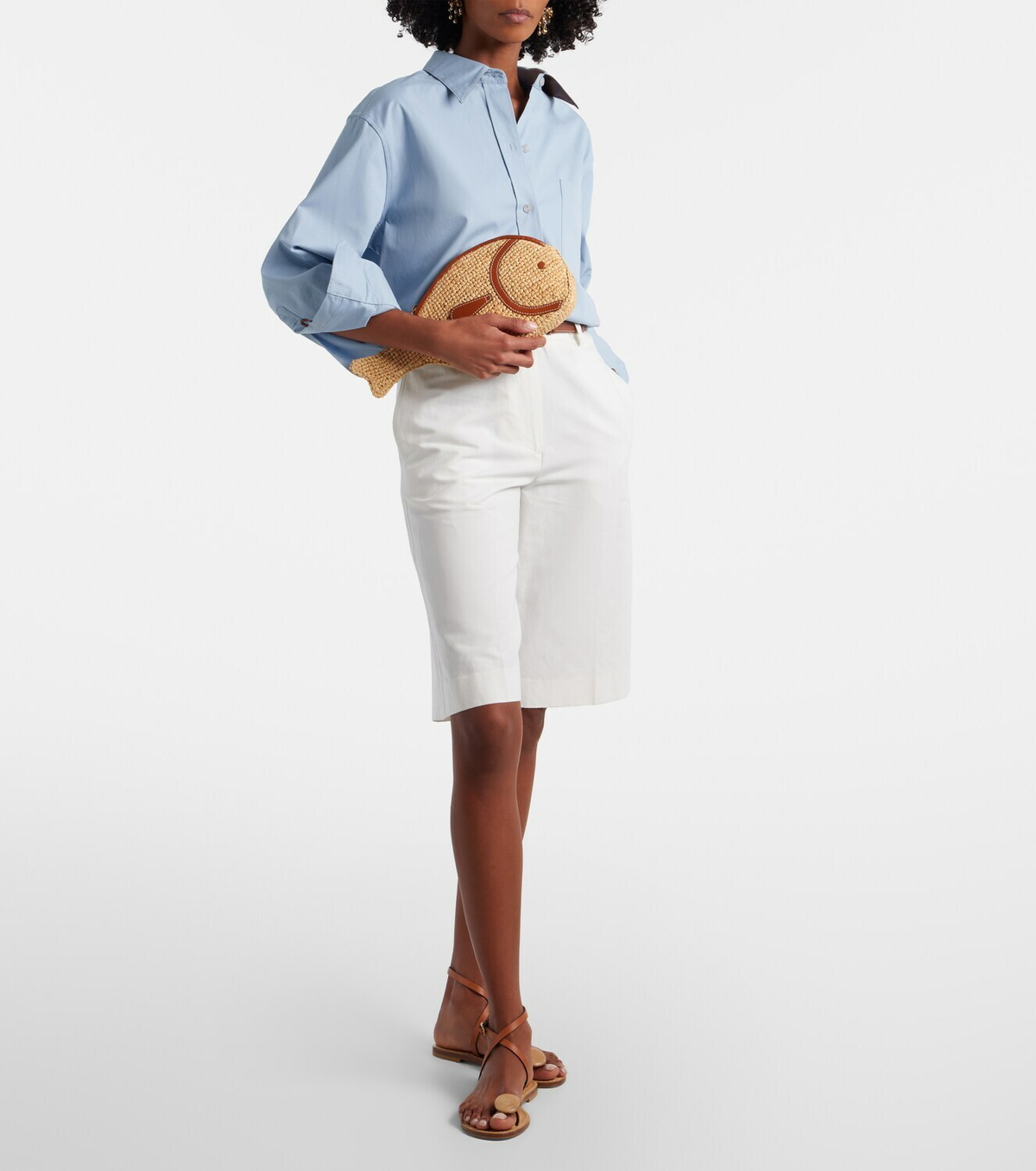 Staud Pesce leather-trimmed raffia clutch