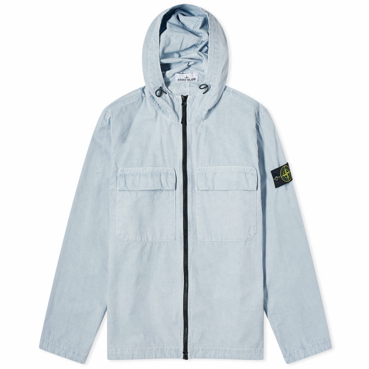 Photo: Stone Island Men's Brushed Cotton Canvas Hooded Overshirt in Sky Blue