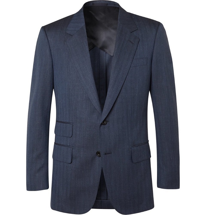 Photo: Kingsman - Navy Unstructured Herringbone Wool, Silk and Linen-Blend Suit Jacket - Navy