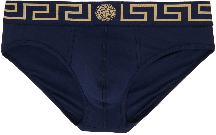 Versace Underwear Blue Greca Border Long Boxers Versace Underwear