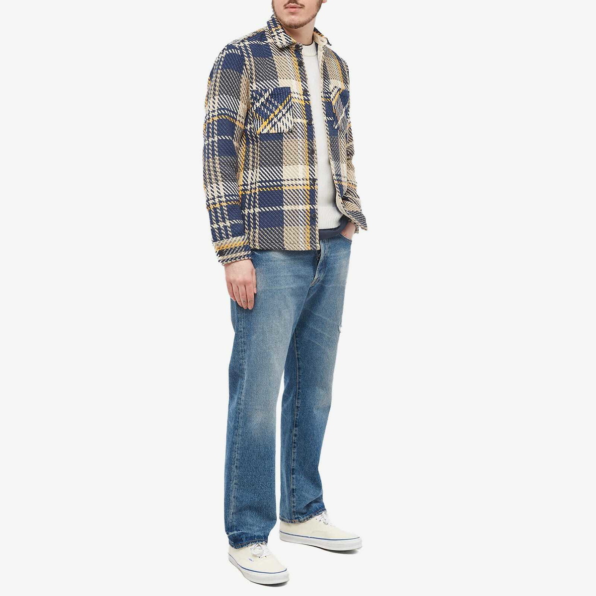 Wax London Men's Whiting Spear Check Overshirt in Navy/Yellow Wax London