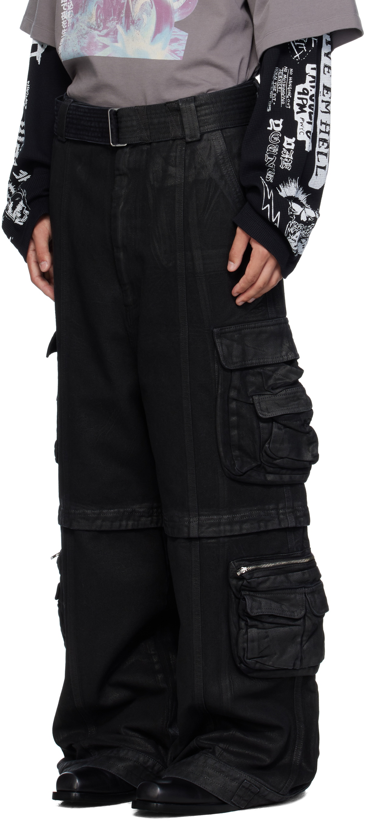 LU'U DAN Black Coated Denim Cargo Pants