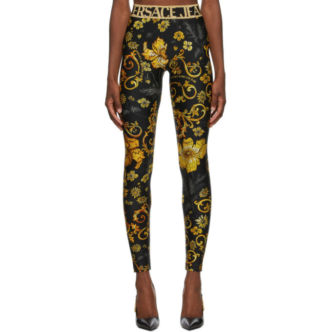 Versace Jeans Couture Logo-print Baroque-pattern Leggings In Black