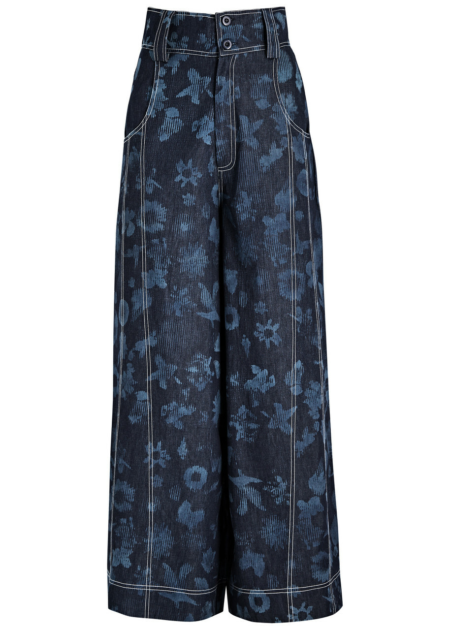 Lovebirds Printed Wide-leg Cotton Trousers Navy