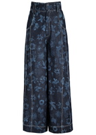 Lovebirds Printed Wide-leg Cotton Trousers Navy