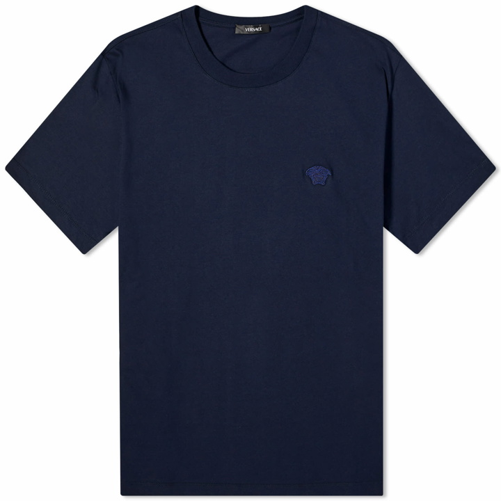 Photo: Versace Men's Embroidered Medusa T-Shirt in Navy Blue