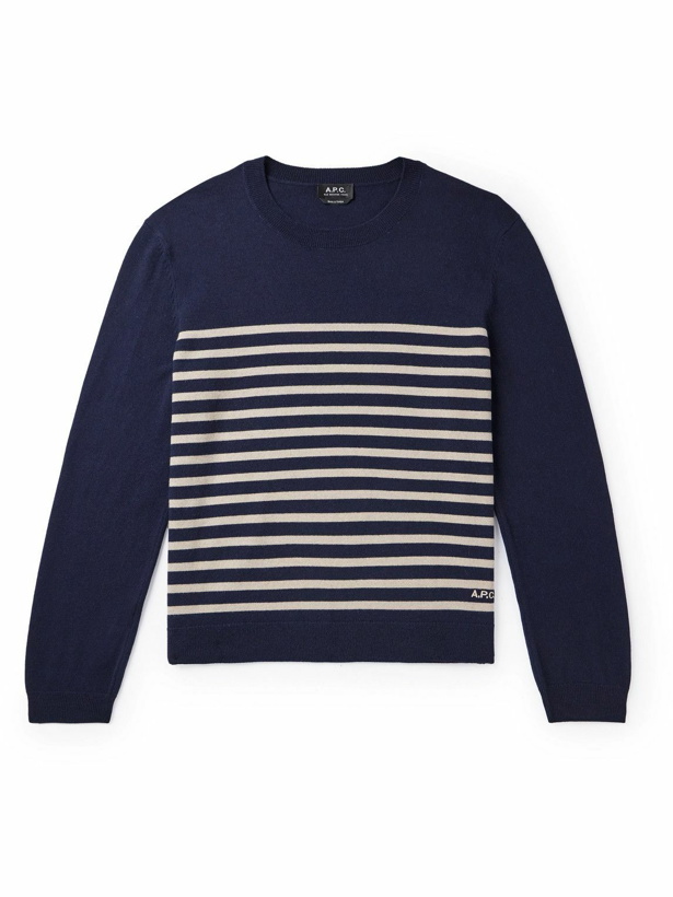 Photo: A.P.C. - Matthew Striped Logo-Embroidered Cashmere and Cotton-Blend Sweater - Blue