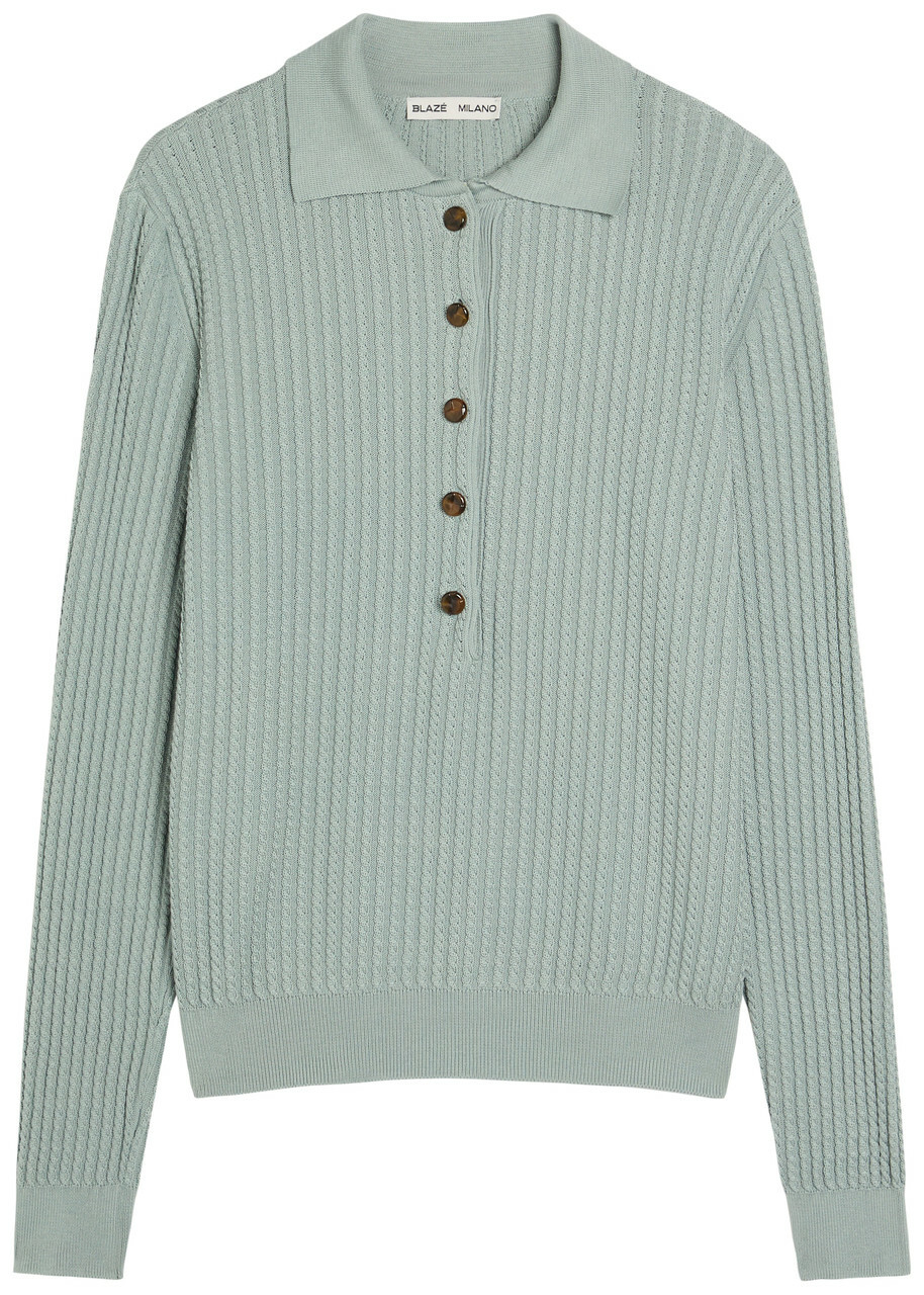 Blaze Milano Alegria Cable-knit Silk-blend Polo top Blue