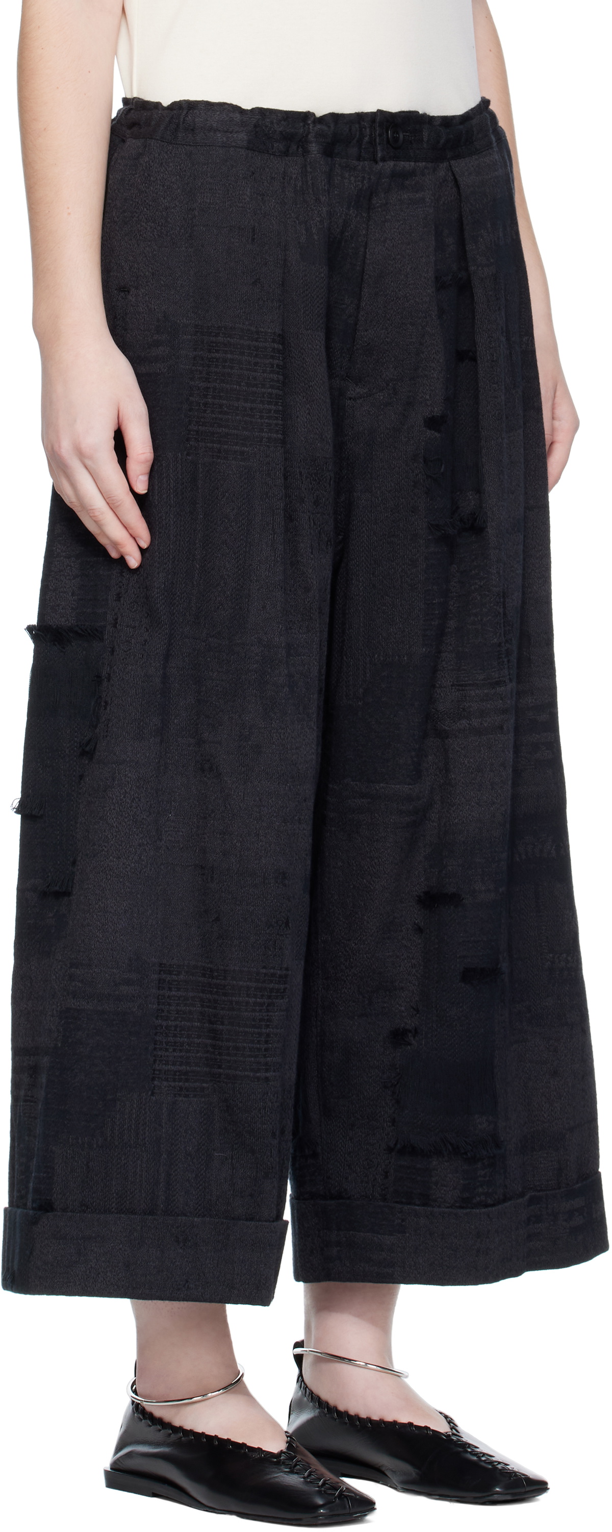 Y's Black Jacquard Trousers