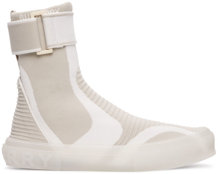 Photo: Burberry SSENSE Exclusive Beige Knit High Top Sneakers