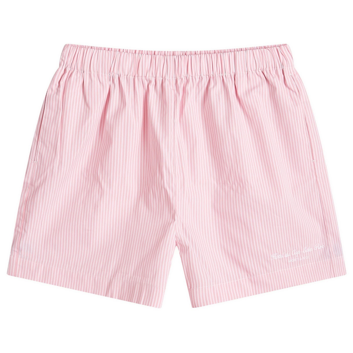 Sporty & Rich Hotel du Cap Cursive Poplin Short in Pink/White Thin Stripe White