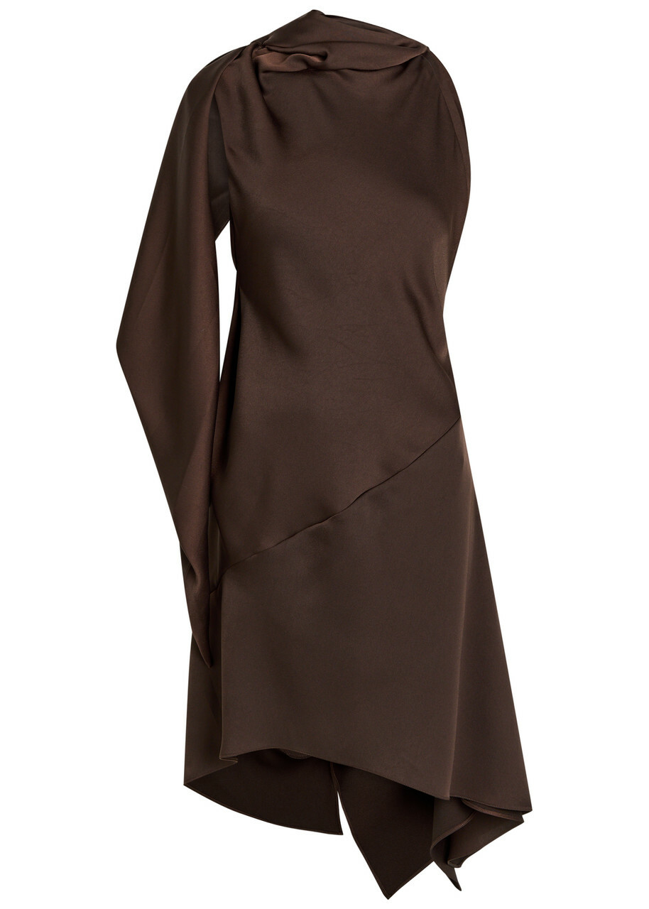 Aaron Esh Cape-effect Asymmetric Satin Mini Dress Brown