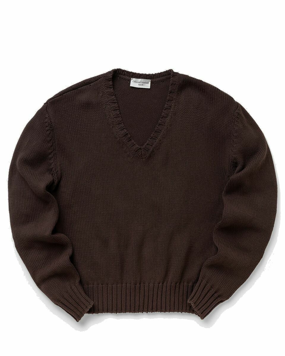 Photo: Officine Générale Randall 5 Gage Cotton V Neck Brown - Mens - Sweatshirts