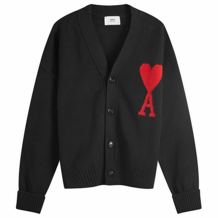 Photo: AMI Paris Men's AMI Large A Heart Cardigan in Black/Red