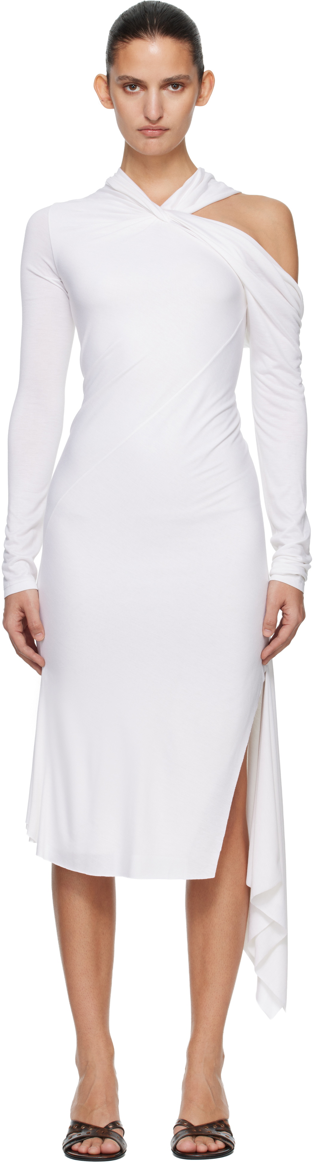 AARON ESH White Jersey Twist Strap Midi Dress