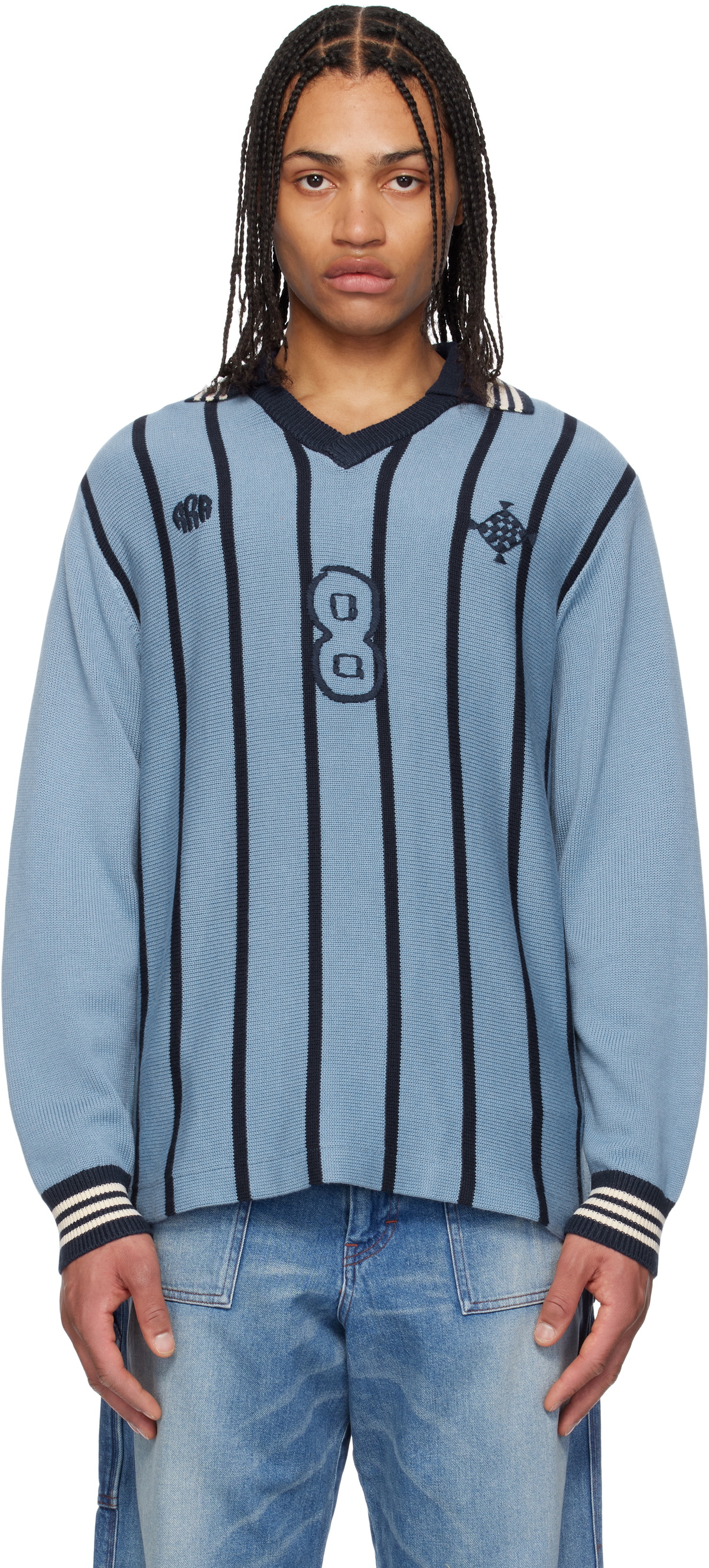 RICE NINE TEN Blue Knitting Long Sleeve Soccer Jersey Polo