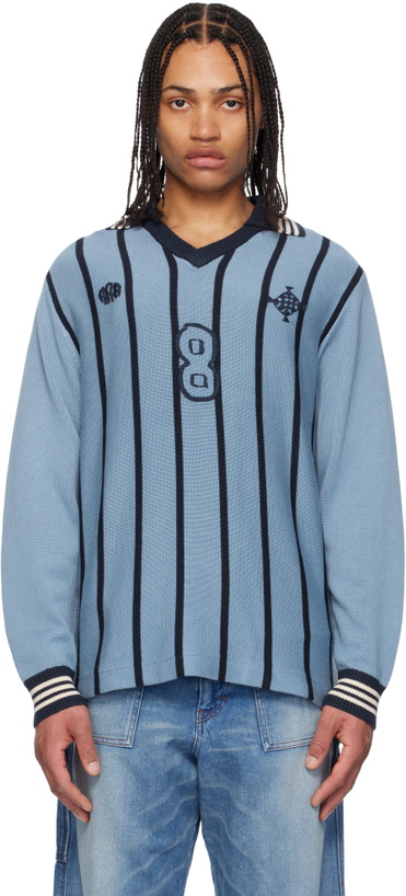 Photo: RICE NINE TEN Blue Knitting Long Sleeve Soccer Jersey Polo