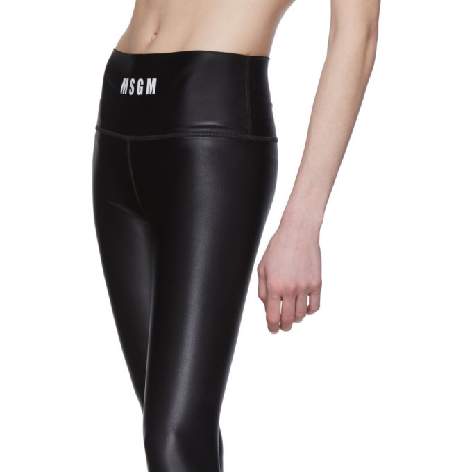 Msgm Logo-waistband Shiny Leggings In Black