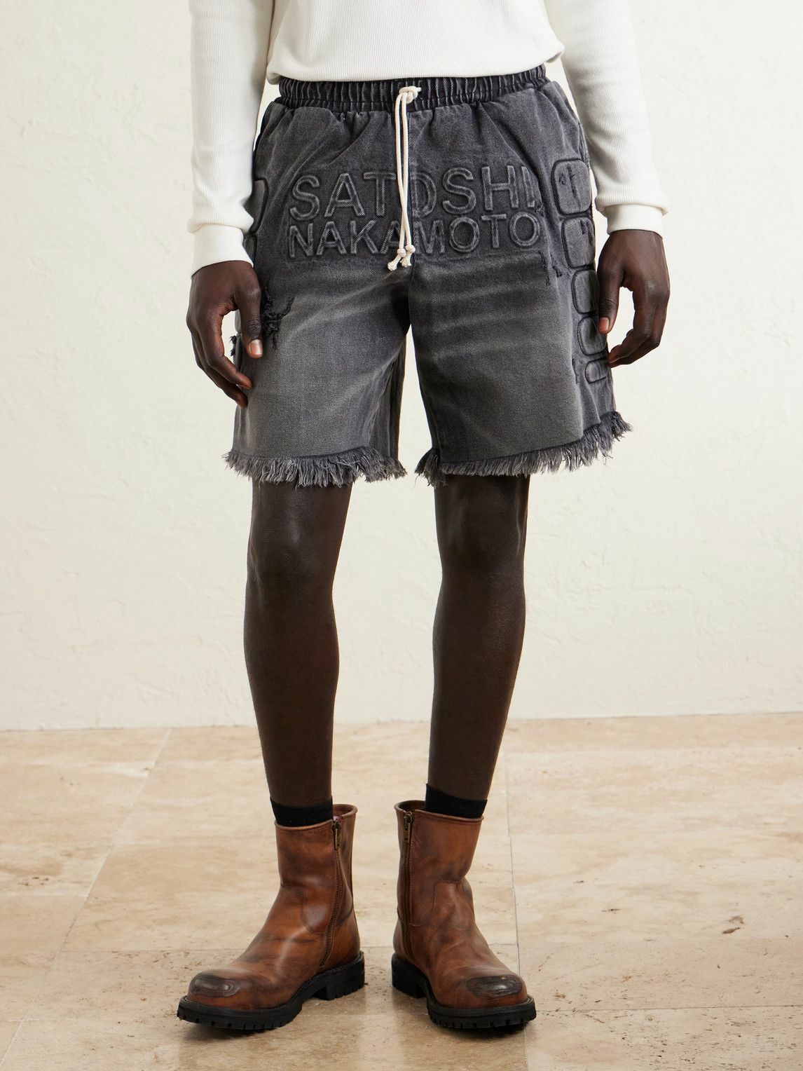 Satoshi Nakamoto - Straight-Leg Fringed Padded Denim Shorts - Black