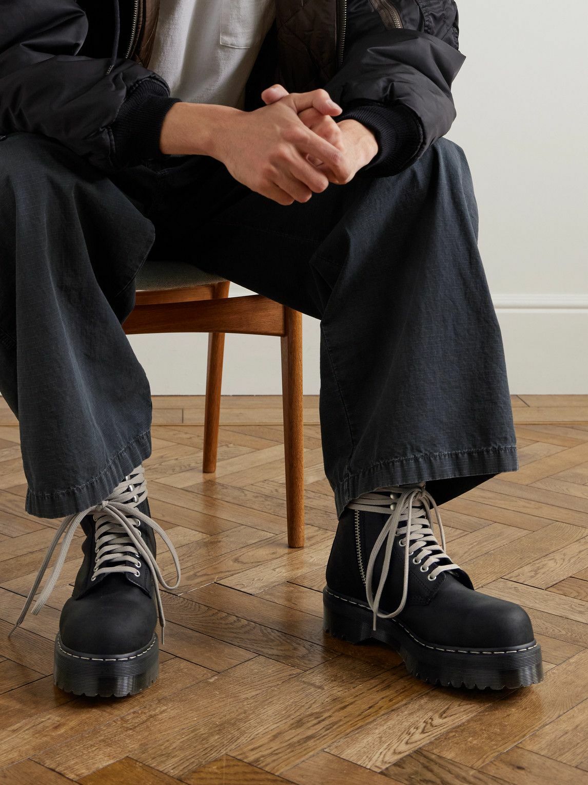 靴 RickOwens Dr.Martens Quad Sole Steel Toe Rick Owens x Dr. Martens Quad Sole Steel Toe Leather Ankle Boots