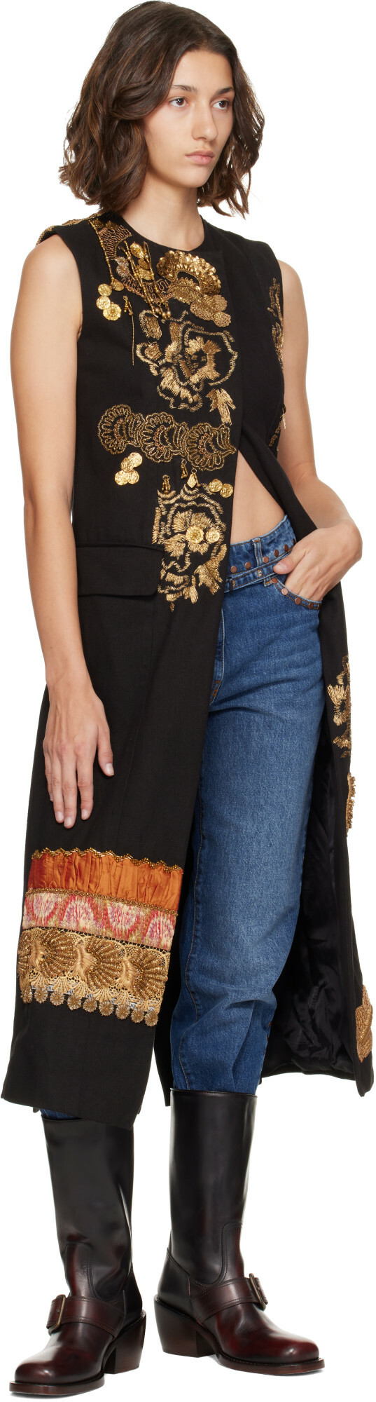 Dries Van Noten Black Embroidered Sleeveless Coat