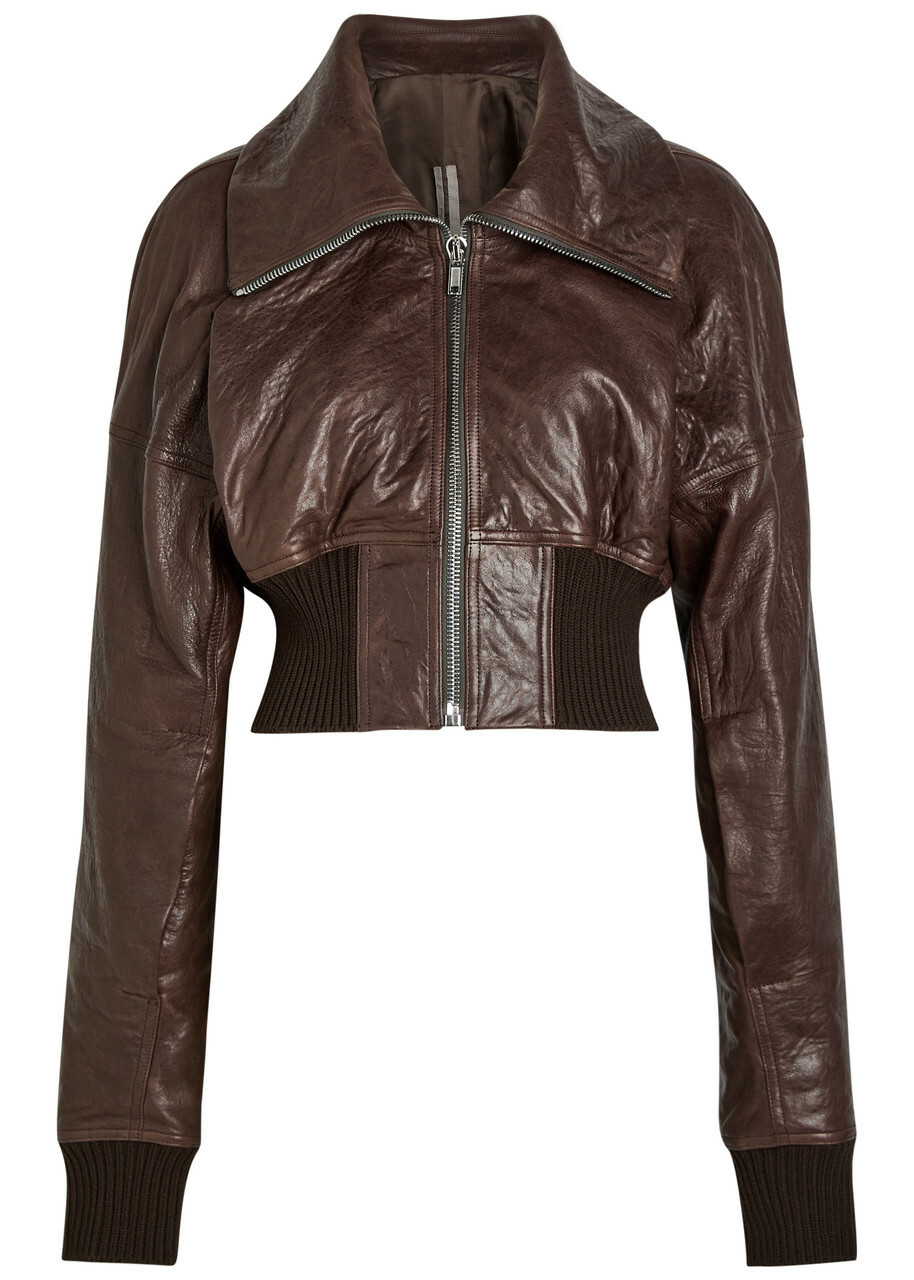 Rick Owens Dracuflight Cropped Leather Bomber Jacket Dark Brown