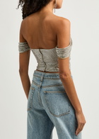 Giuseppe DI Morabito Off-the-shoulder Crystal-embellished Mesh top Metallic Bronze