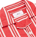Mr P. - Camp-Collar Striped Cotton and Linen-Blend Shirt - Red