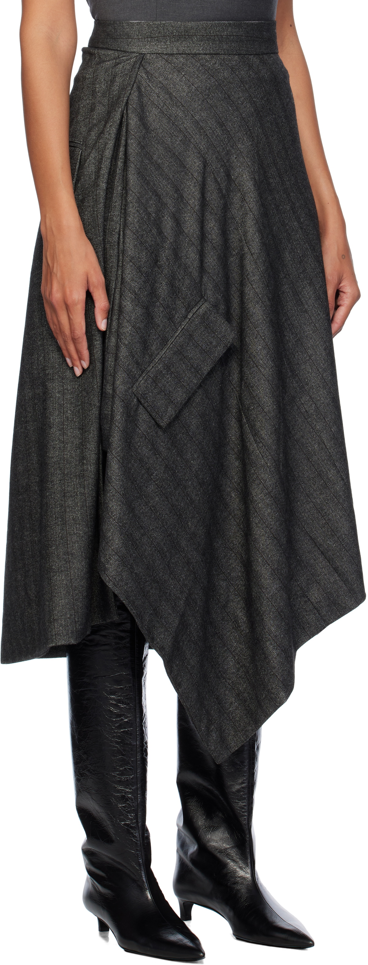 REMAIN Birger Christensen Gray Striped Draped Midi Skirt