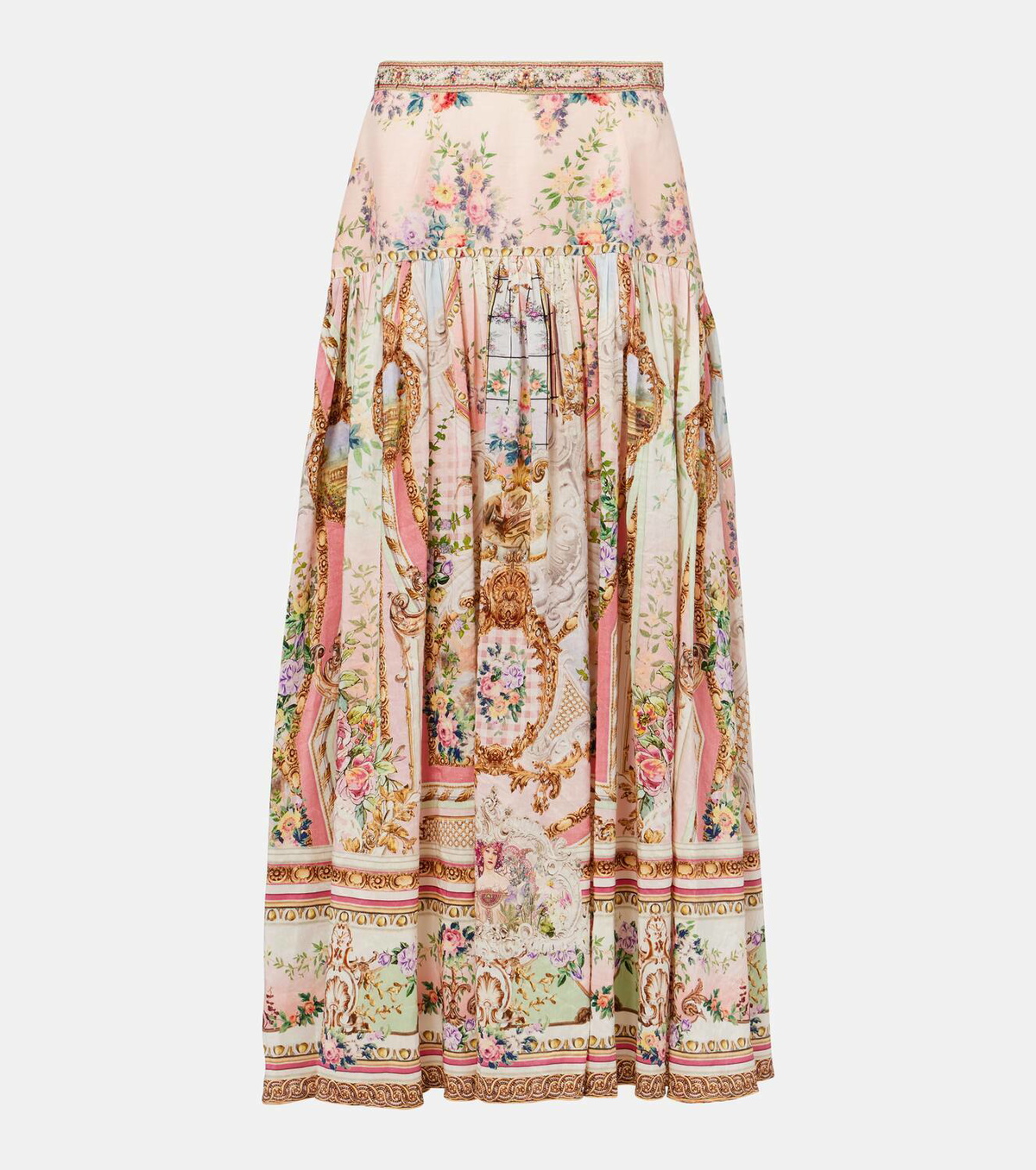 Camilla Gathered linen and silk maxi skirt