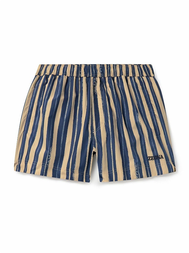 Photo: Zegna - Straight-Leg Mid-Length Logo-Embroidered Striped Swim Shorts - Blue