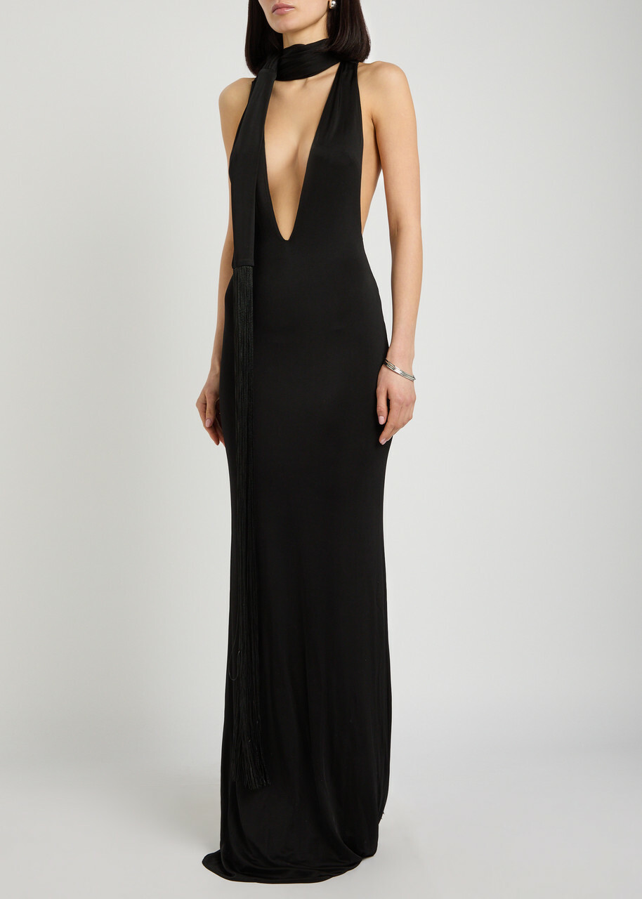 The New Arrivals Ilkyaz Ozel Olympia Scarf-effect Stretch-jersey Maxi Dress Black
