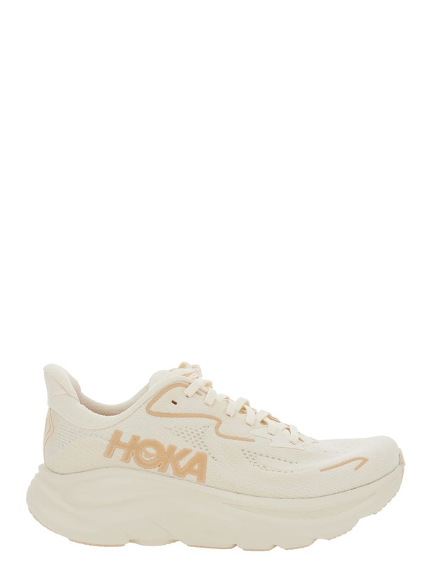 Photo: Hoka clifton 10 White Low Top Sneakers With Oversize Sole And Logo Lettering On The Side In Tehc Fabric Unisex