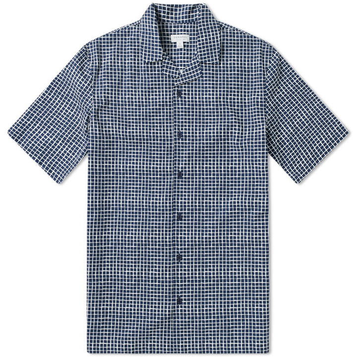 Photo: Sunspel Short Sleeve Shirt Shibori Grid Navy