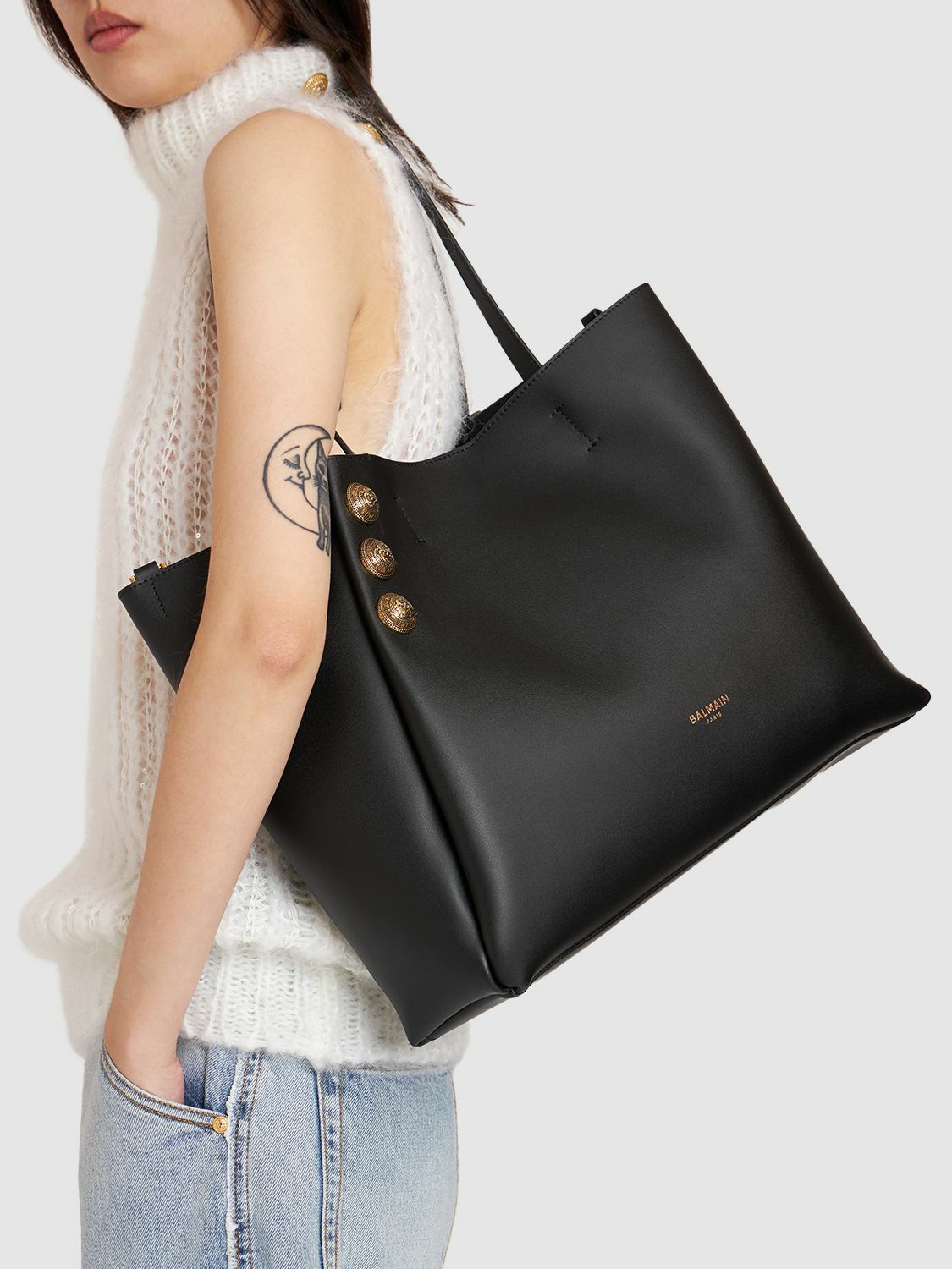 BALMAIN Embleme Leather Tote Bag With Zip Pouch Balmain