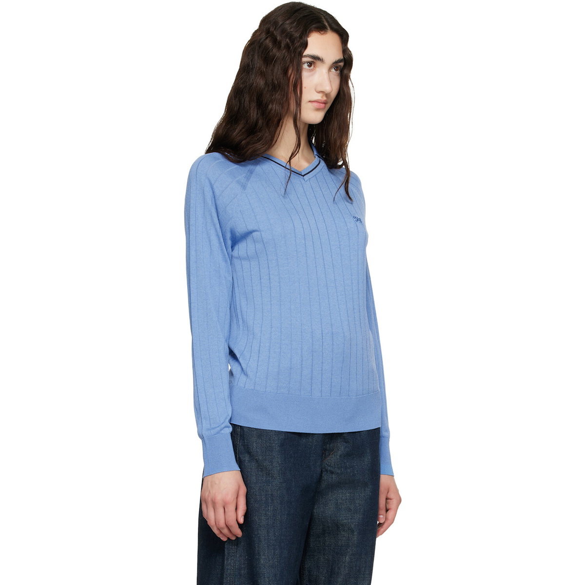 Wales Bonner Blue Viscose SIlk Knit Roots Polo