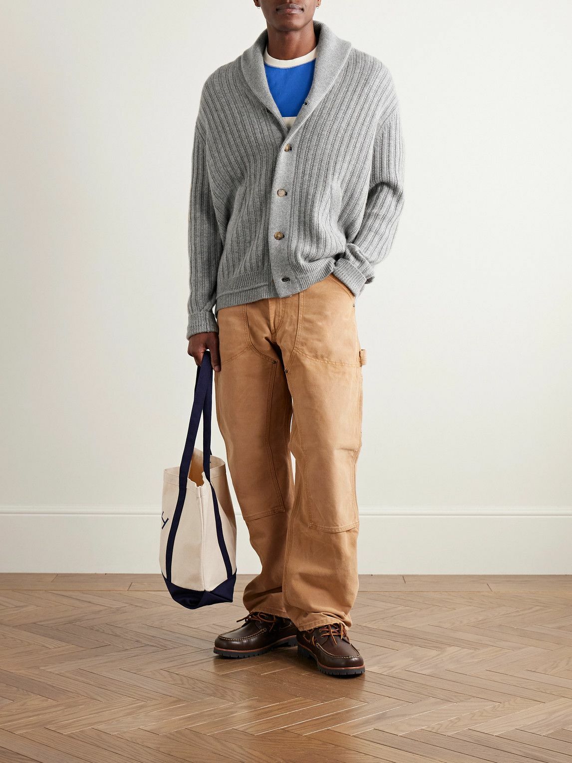 Guest In Residence - Varsity Shawl-Collar Ribbed Wool and Cashmere-Blend Cardigan - Gray