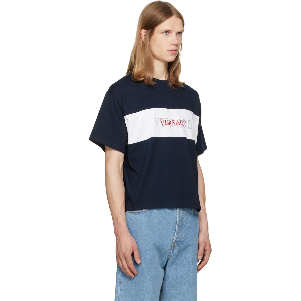 Versace Navy Intarsia Cotton-Jersey Regular T-shirt