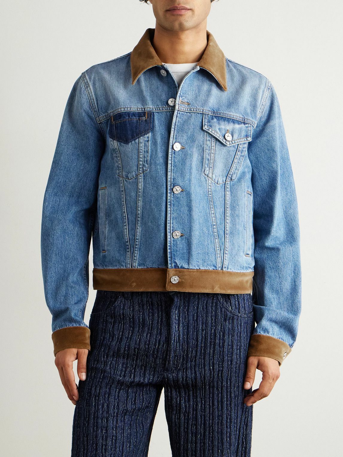 Marni - Slawn and Soldier Appliquéd Cotton Velvet-Trimmed Denim Jacket - Blue