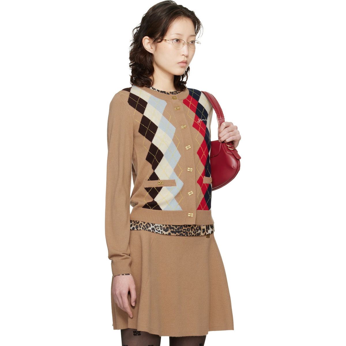 GANNI Beige Argyle Print Cardigan