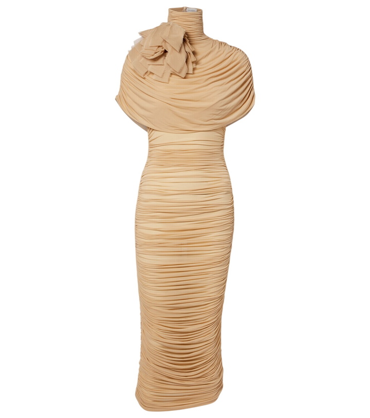 Photo: Magda Butrym Floral-appliqué ruched caped jersey midi dress