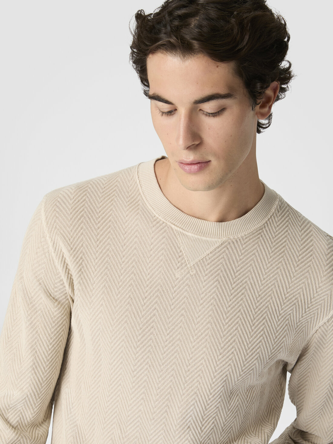 Missoni - Crew-neck cotton and viscose sweatshirt with tone-on-tone zigzag pattern, Men, Beige