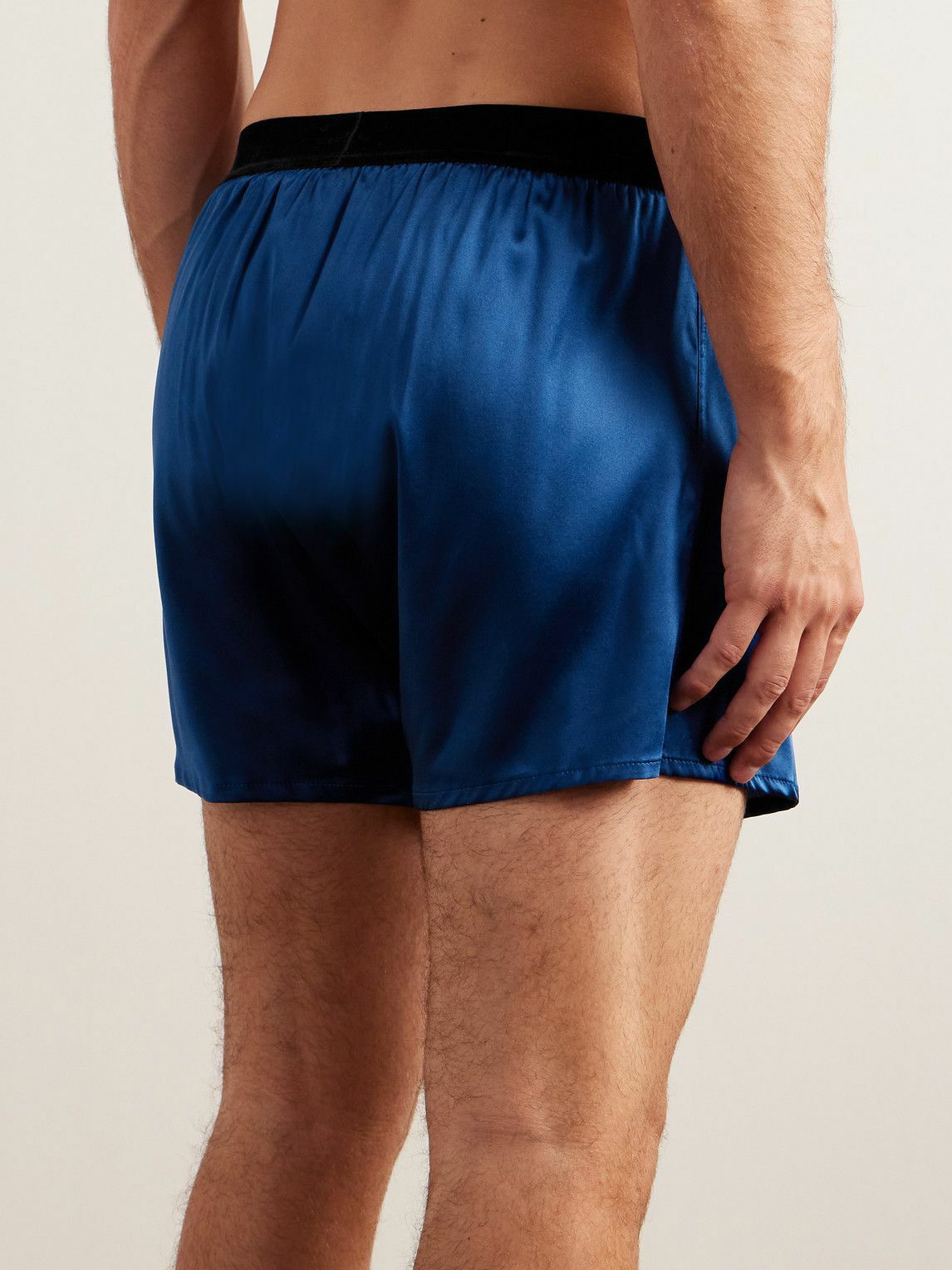 TOM FORD - Velvet-Trimmed Stretch-Silk Satin Boxer Shorts - Blue TOM FORD