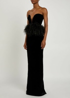 The New Arrivals Ilkyaz Ozel Sienna Feather-appliquéd Velvet Maxi Dress Black