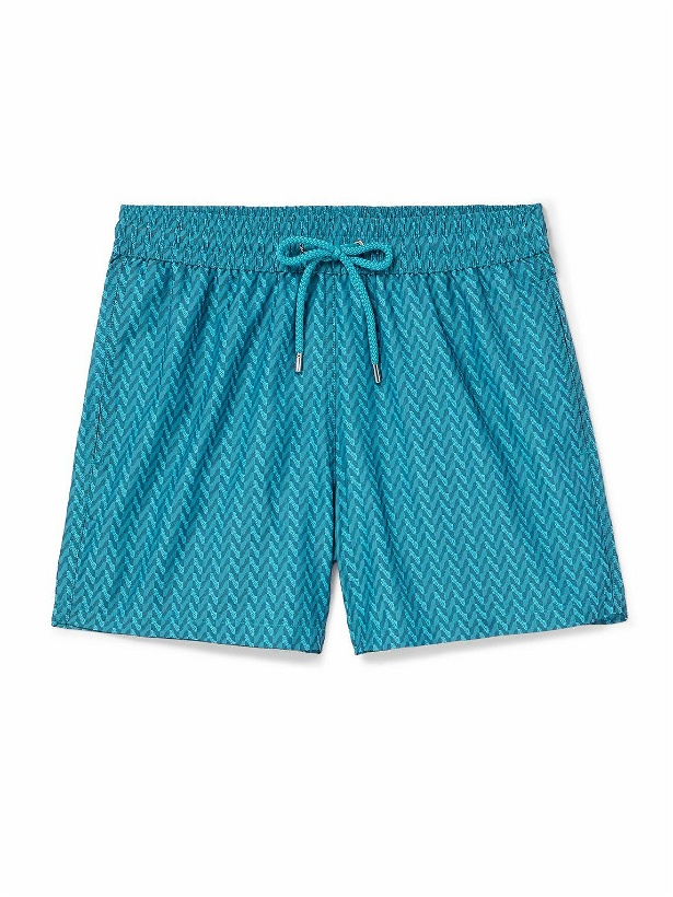 Photo: Frescobol Carioca - Copacabana Straight-Leg Mid-Length Recycled Herringbone Swim Shorts - Blue