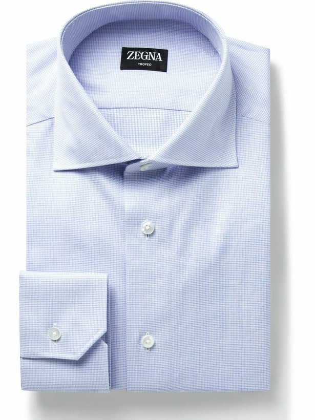 Photo: Zegna - Trofeo Slim-Fit Cutaway-Collar Checked Cotton-Blend Poplin Shirt - Blue