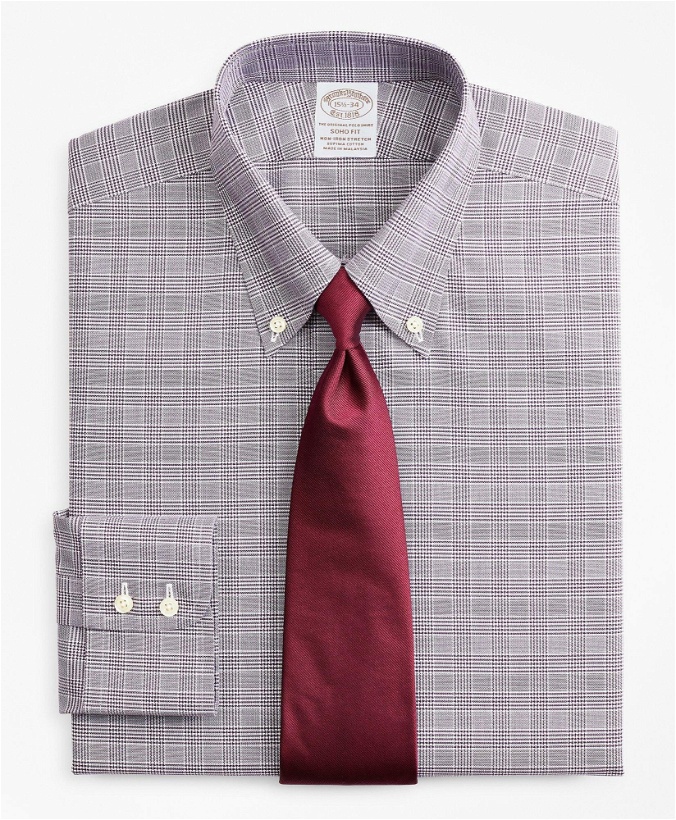 Photo: Brooks Brothers Men's Stretch Soho Extra-Slim-Fit Dress Shirt, Non-Iron Royal Oxford Button-Down Collar Glen Plaid | Purple