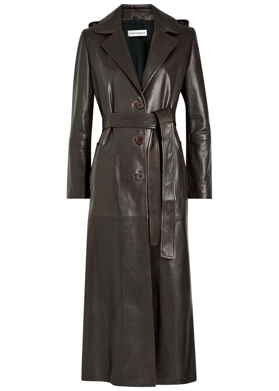 Nour Hammour Scarlett Belted Leather Trench Coat Dark Brown